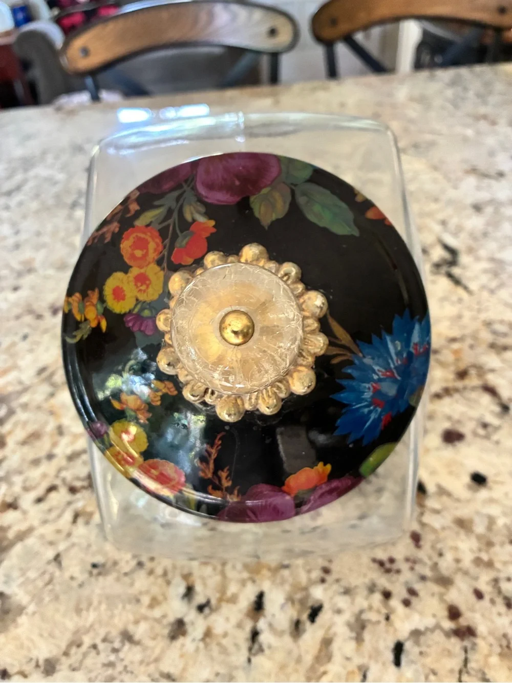 MacKenzie-Childs Clear Glass Apothecary Jar with Black Floral Lid